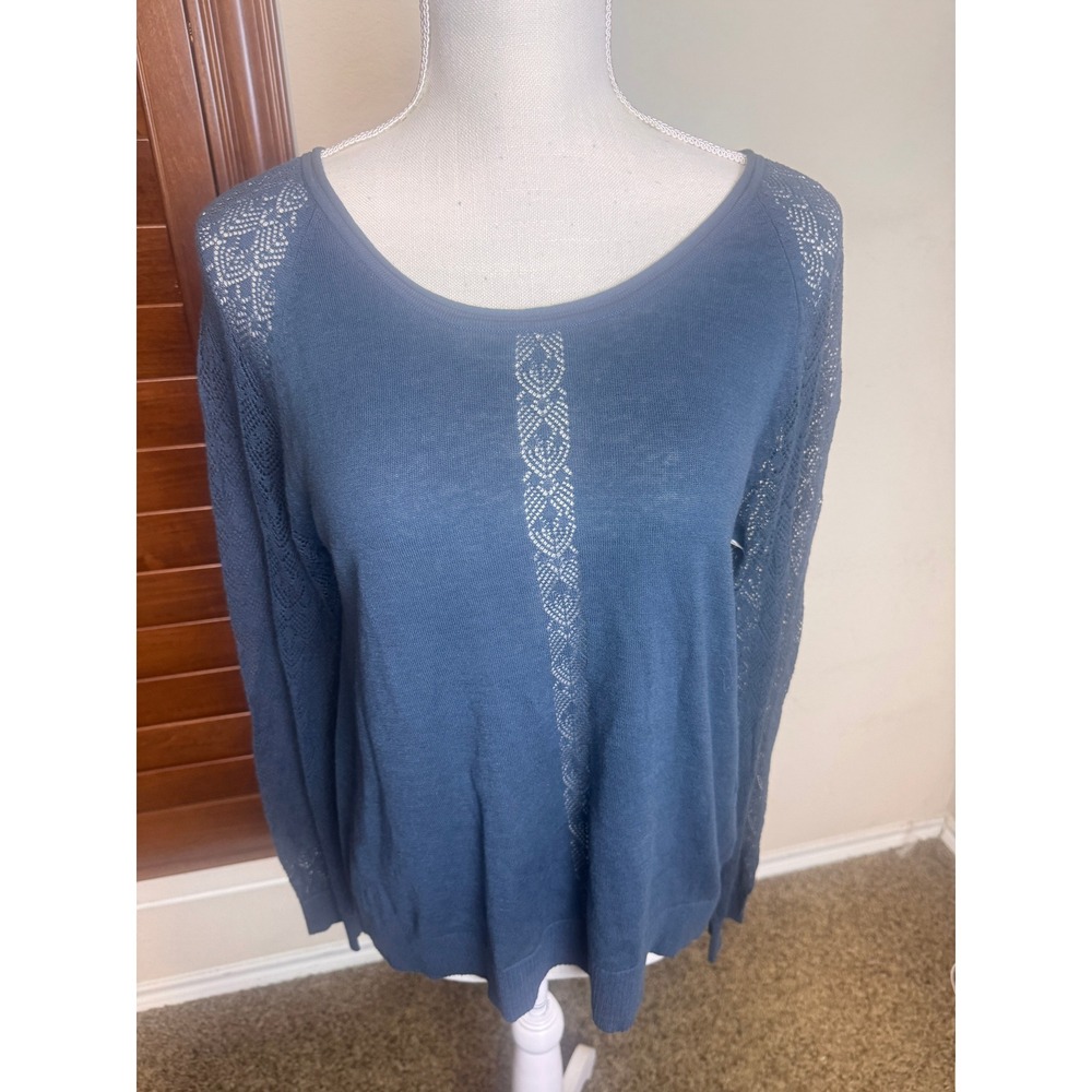M. Rena Teal Blue Cotton Knit Open Tulip Back Pointelle Lace Sweater Small NWT